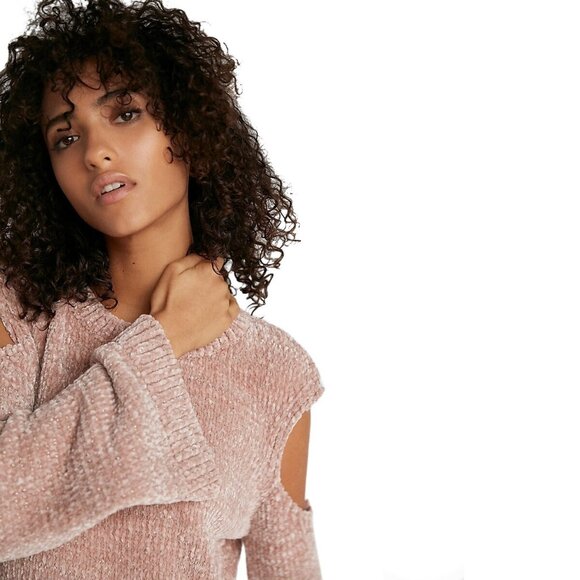 NWT EXPRESS Pink Metallic Cold Shoulder Chenille Sweater Small Bell Sleeve S NEW - Picture 2 of 8